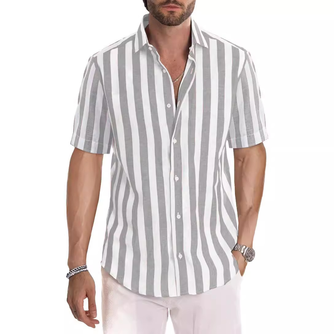 Monochrome Man – Grenzüberschreitendes Sommerhemd für Herren im europäischen und amerikanischen Stil: Strand, Freizeit, Sport, gestreift, Kurzarm, Umlegekragen_voghion.com