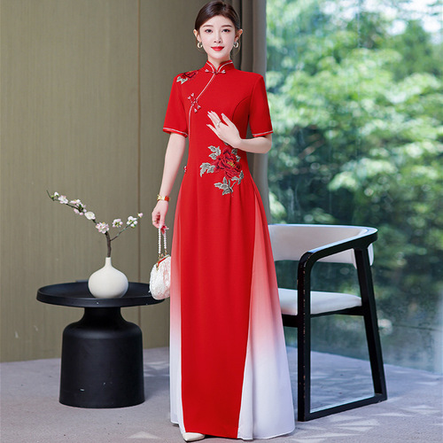 Chinese aodai qipao royal blue red gradient chinese dress female ancient choir chorus stage costumes young qipao dress