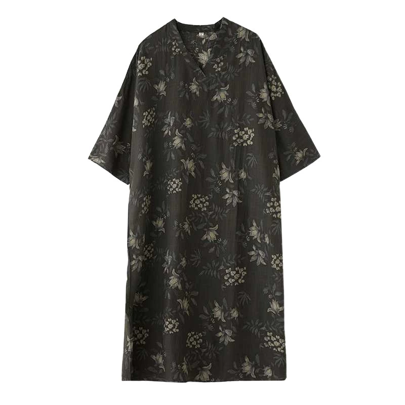 Spring dress, Korean style, plus size, V-neckline, cotton and linen