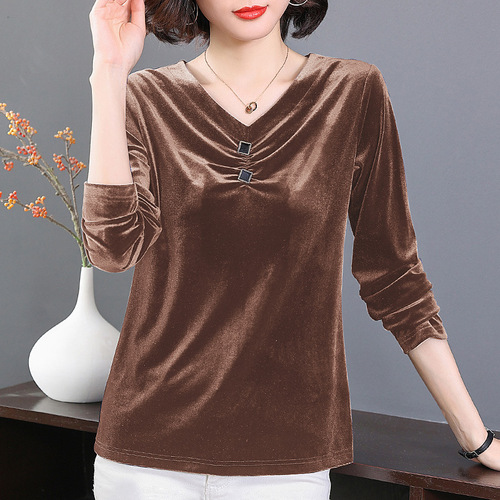 Middle-aged mother gold velvet bottoming shirt women's autumn and winter outer wear temperament collar warm long-sleeved tops fashionable shirt