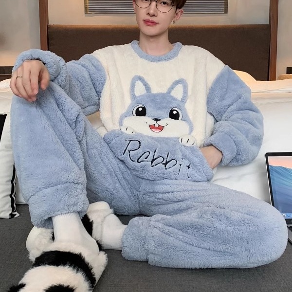 Pajamas for Men in Winter Thickeneded Fleece-Lined Coral Velvet Long-Sleeved Warm Cartoon Students Can Wear Autumn and Winter Home Clothes Set
