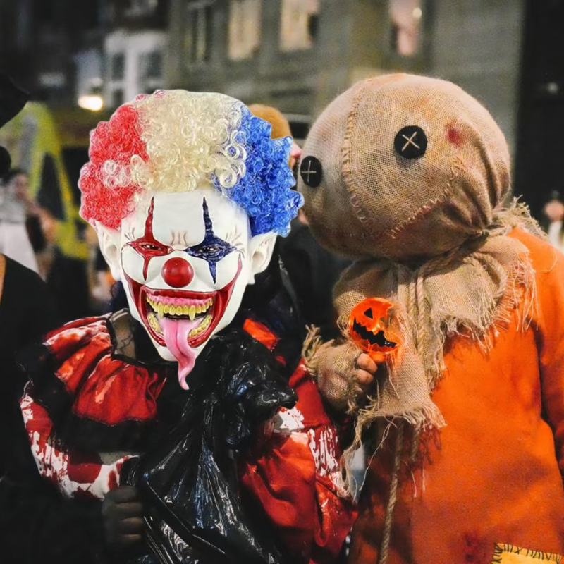 Máscara de payaso con cabeza explosiva Máscara de payaso con lengua larga y boca grande