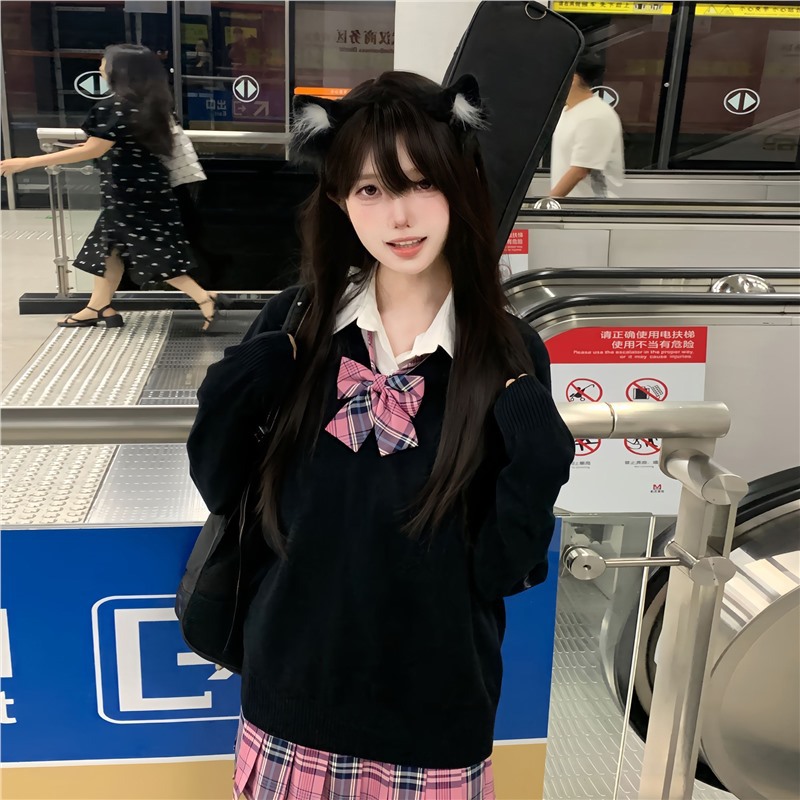 블랙 브이넥 풀오버 스웨터 원피스