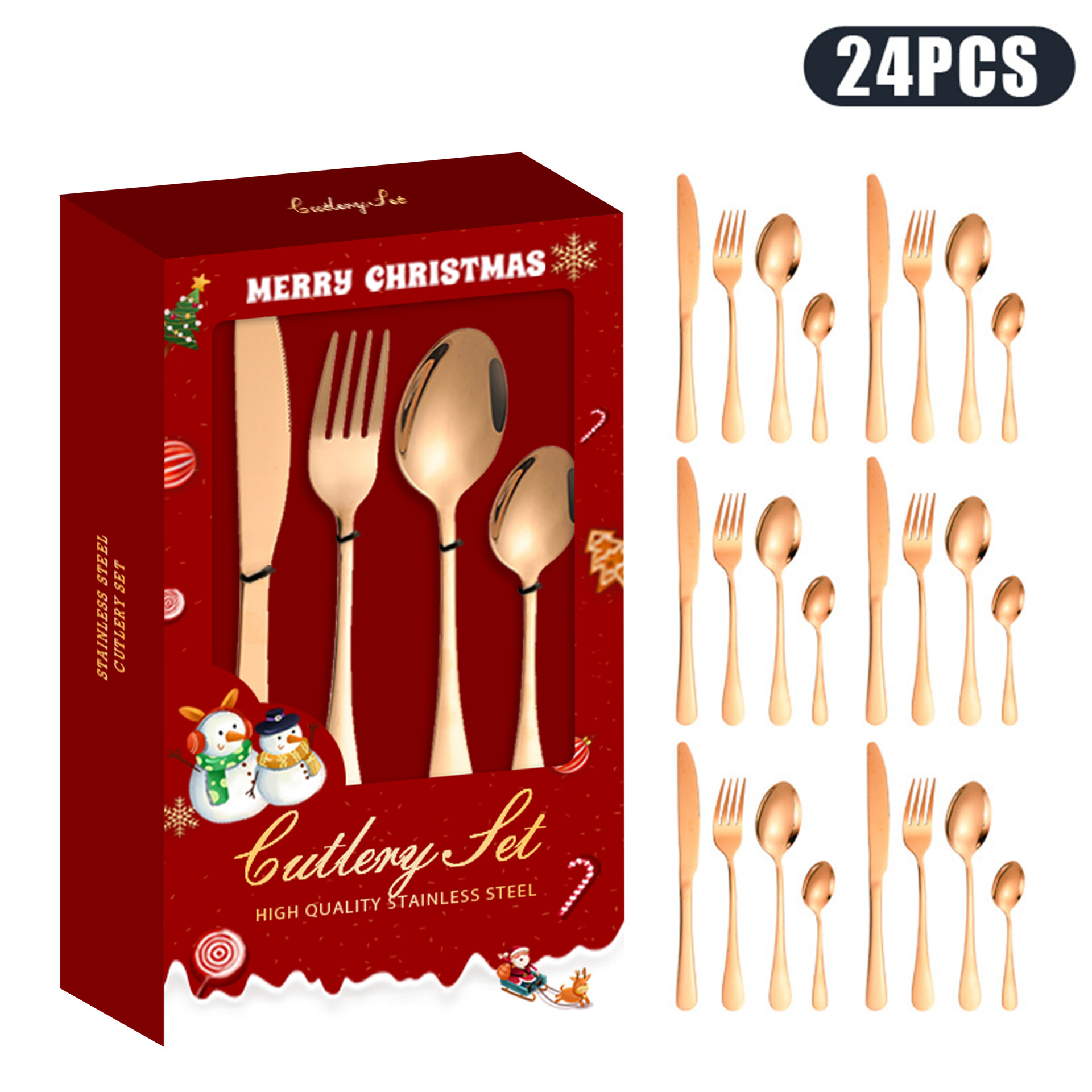 Juego de cucharas, tenedores y cucharas de acero inoxidable transfronterizo Juego de 24 piezas de vajilla Juego creativo de Navidad Caja de regalo de cuchara y tenedor dorado Regalo de la reunión anual