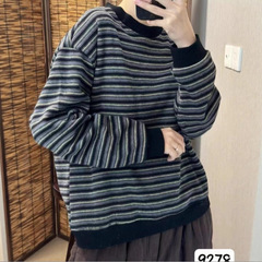 新品韩系圆领磨毛显瘦百搭宽松休闲套头条纹加绒卫衣