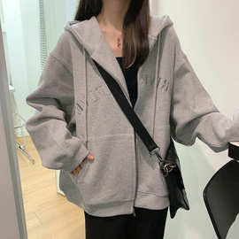 灰色卫衣女早春秋季薄款百搭2021新款潮ins上衣韩版oversize外套