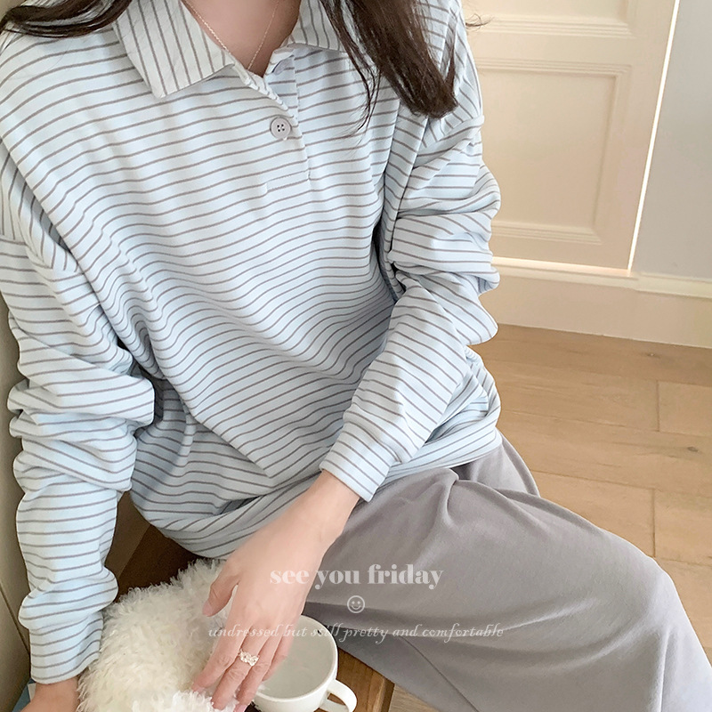 Derong Polo Collar Stripesd Long-Sleeved Pants Pajamas Warm and Loose Korean 2025 Autumn and Winter Wearable Home Clothes for Women