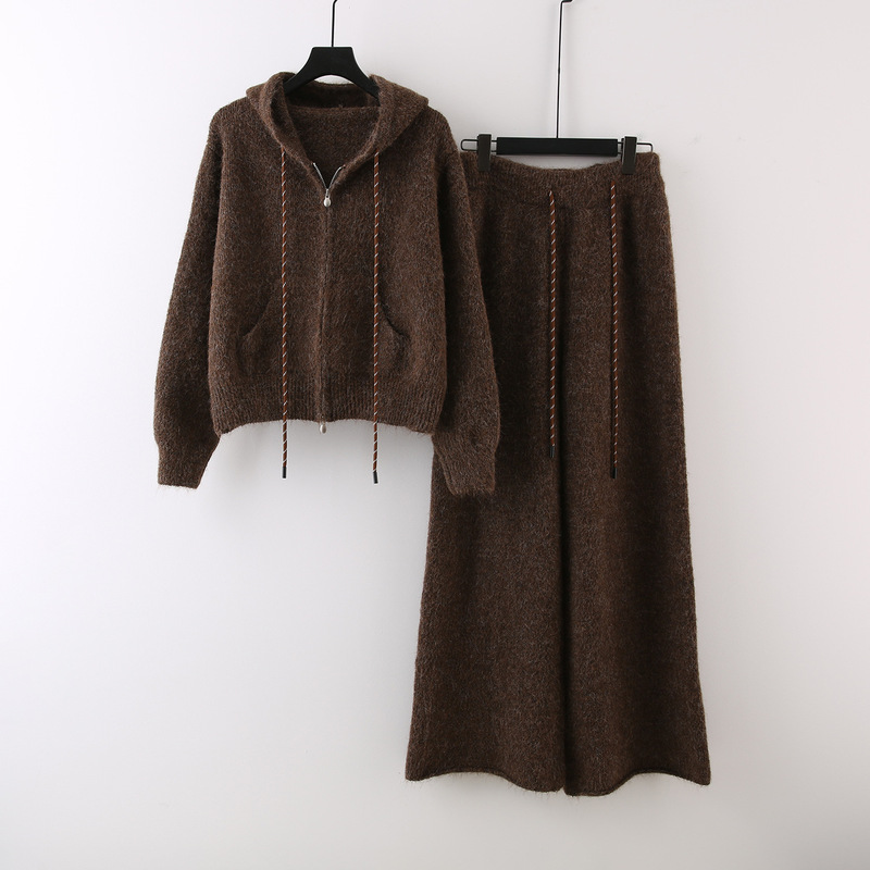Korean Style Simple Casual Suit Women's Autumn and Winter Hooded Sweatshirt Knitwear Sweater Jacket Wide-Leg Pants Two-Piece Set