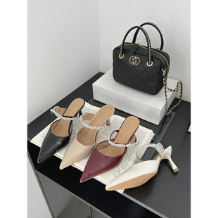 2025 New Summer Style Patent Leather Pointed Toe Rhinestone One-Strap Sandals for Outer Wear French High-End Stiletto Heels