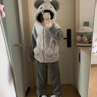 可爱卡通鼠鼠珊瑚绒连帽睡衣女秋冬新款加绒加厚家居服套装两件套