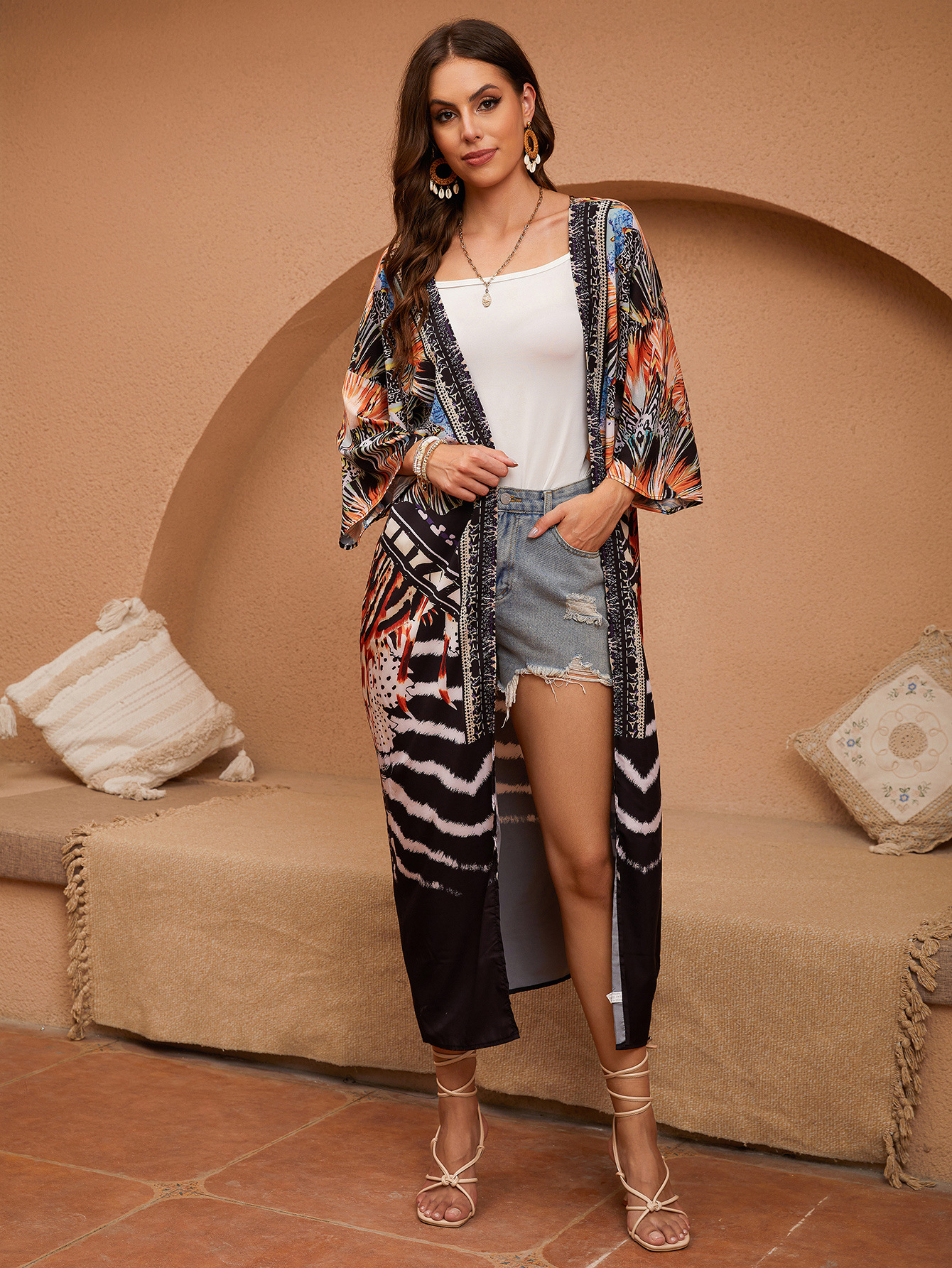 5D59 camisa de playa de posición europea y americana impresión kimono cardigan suelta vacaciones vestido larga bikini camisa protector solar