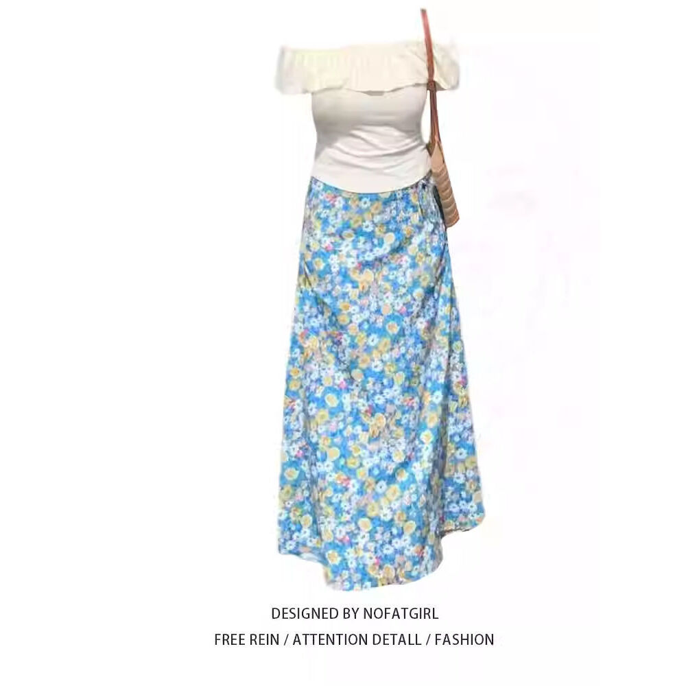 大码胖妹妹纯欲荷叶边一字肩短袖上衣女夏季碎花半身裙度假风套装