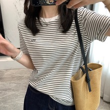 赵可乐~条纹刺绣笑脸短袖T恤弹力棉清爽合身款百搭基础圆领半袖女