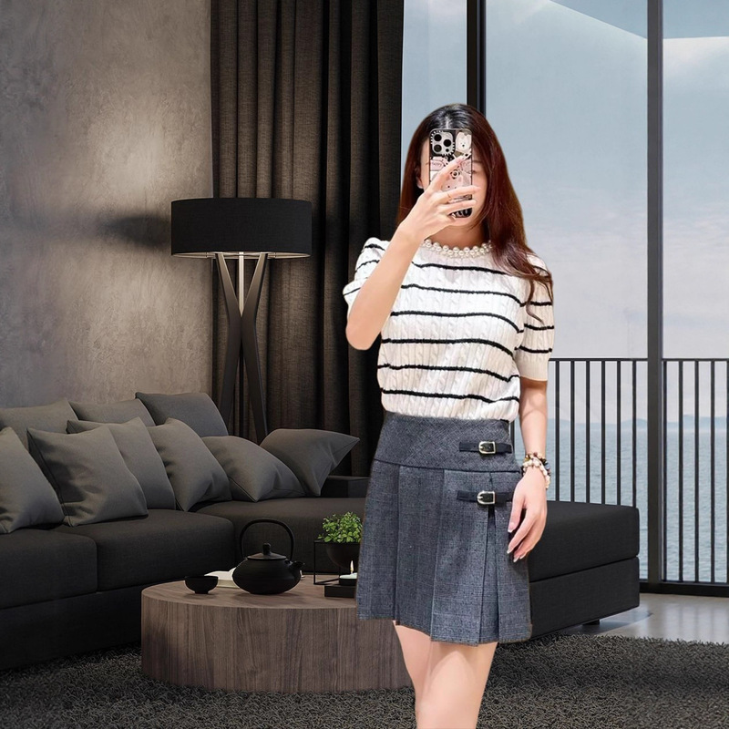 In Stock 2025 New Autum French Style Pearl Round Neck Short-Sleeved Jacquard Knitwear Top Sd1058