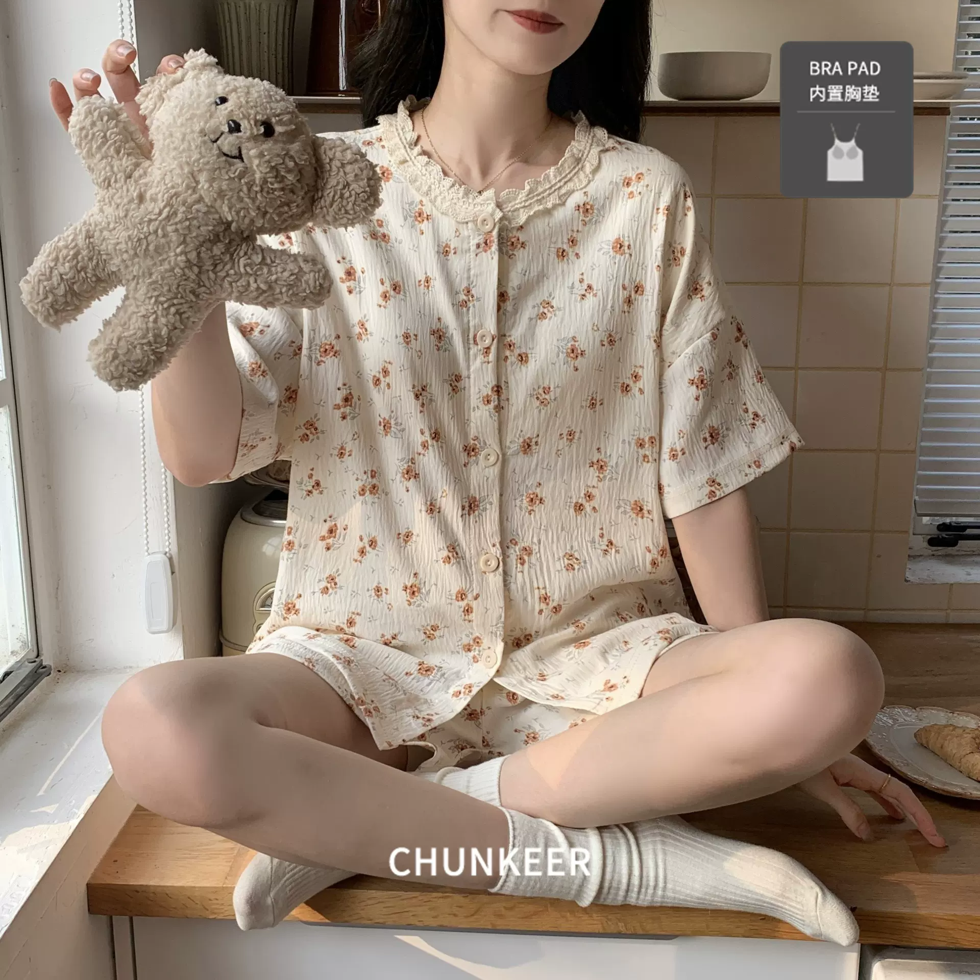 夏天云朵棉睡衣女薄款2026新款大码夏季女士家居服短袖套装带胸垫