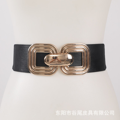 欧美女外贸腰封弹力松紧带高品质合金对扣腰带黑色优雅百搭风皮带