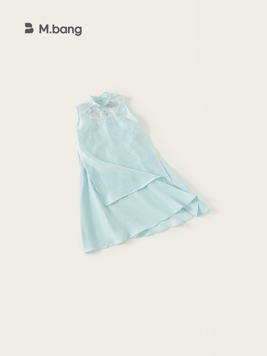 Youbao ropa para niños traje de niña verano bordado estilo nacional cuello alto vestido cheongsam vestido de tirantes de color sólido traje de dos piezas