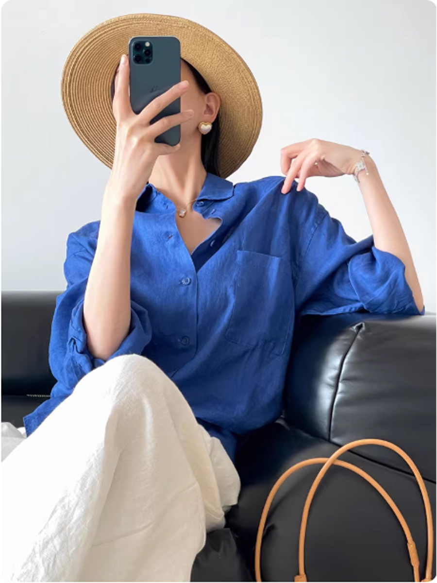 Áo sơ mi nữ linen Pháp Klein Blue dáng rộng chống nắng mùa hè — màu trắng, Xanh da trờicolor
