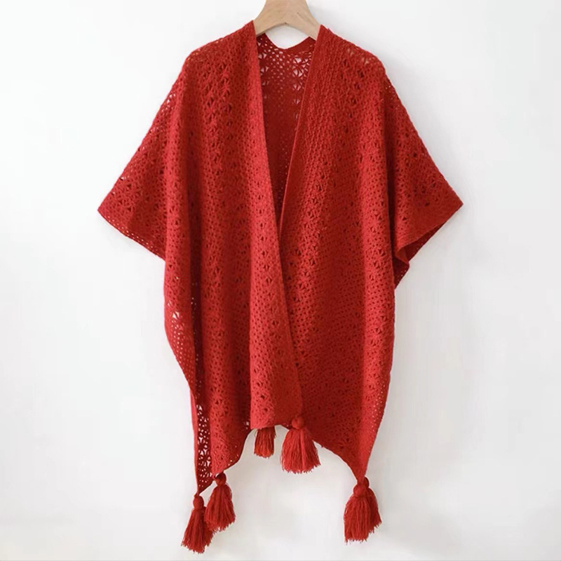 Estilo nacional de color sólido agujero de tejido chal exterior con decoración de viaje de mujeres Xinjiang con una capa de capa de capa universal