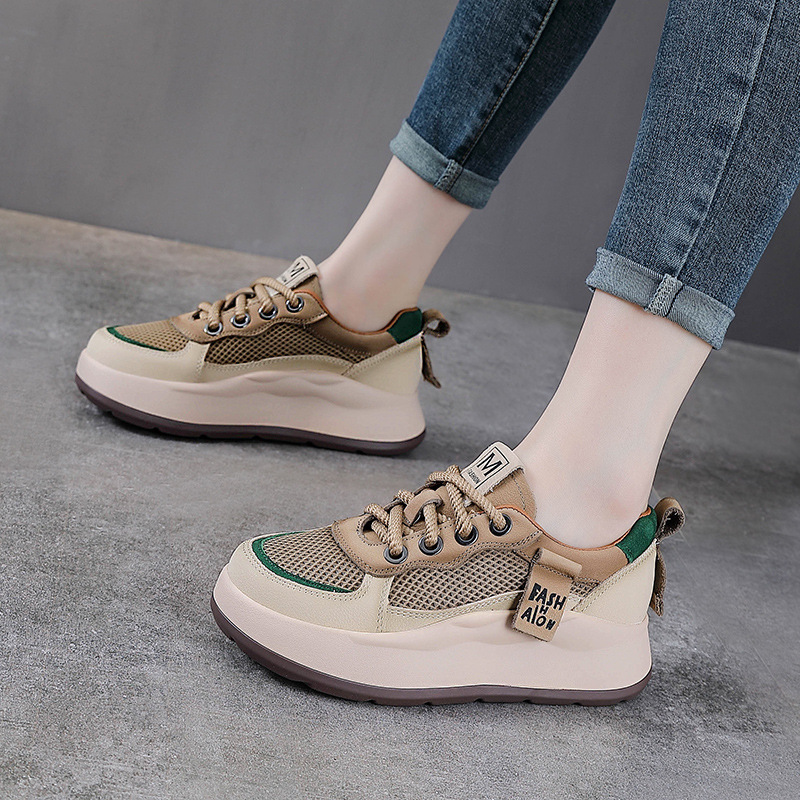 Giày sneaker nữ đế dày da bò lưới thoáng khí phong cách thể thao — Màu be
