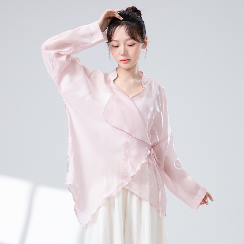 女性用モダンダンス服、新しいゆったりとしたレースアップスタンドカラーブラウス、エレガントなデイリーパフォーマンス服、長袖練習服トップス|undefined