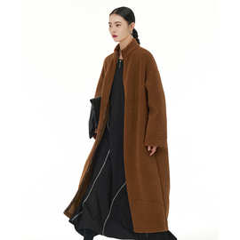 2025羊羔绒秋冬新款立领显瘦欧美宽松长款毛呢大衣大码外套31553