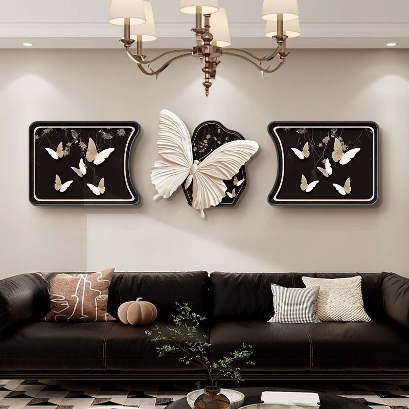 法式客厅装饰画蝴蝶中古风电视沙发背景墙挂画艺术大三联组合壁画