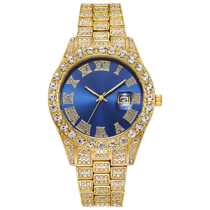 Hiphop watch popular men's steel belt hip hop Roman scale diamond calendar men's quartz watch_voghion.com
