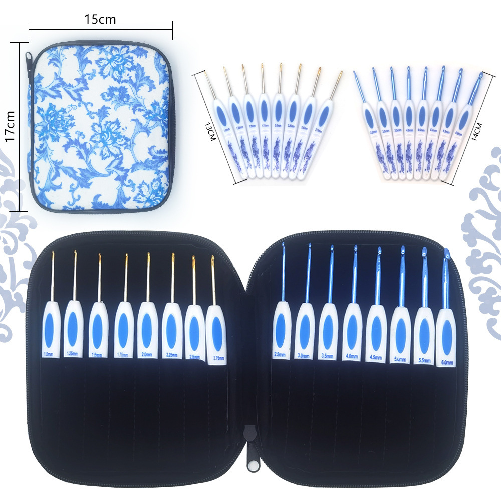 Herramientas de tejer nuevo suéter aguja mango de plástico azul y blanco mango de porcelana de aluminio crochet conjunto de 8 unidades