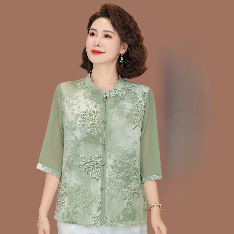 New Chinese Style Mother's Spring Clothing Hangzhou Silk Heavy Silk Shirt Women's Middle-Aged and Elderly Summer Mulberry Silk T-Shirt Top