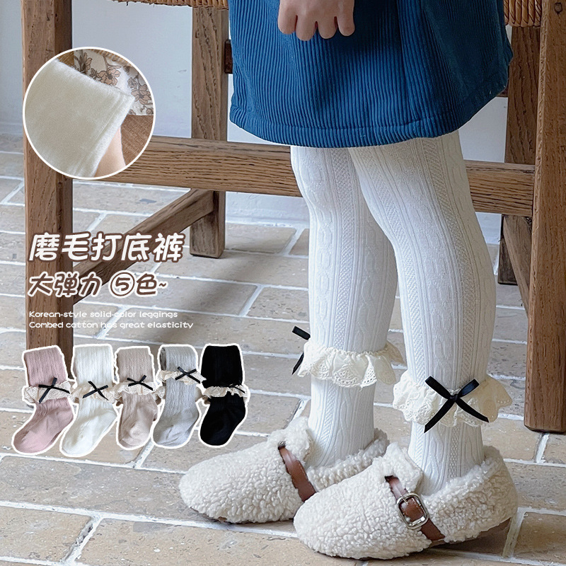 女童连裤袜秋季薄绒蕾丝边蝴蝶结保暖连体袜公主紧身裤儿童打底裤