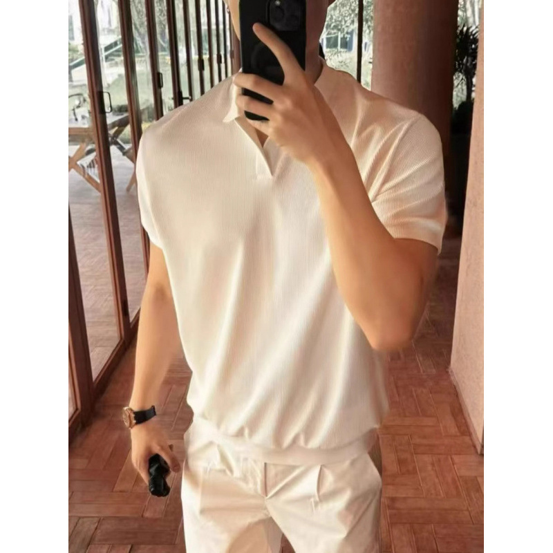 American-Style Seagull Collar Polo Shirt for Men, Solid Color Knit, Stretchy, High-Quality Texture Ribbed Top, Elastic Board, Regular T-Shirt