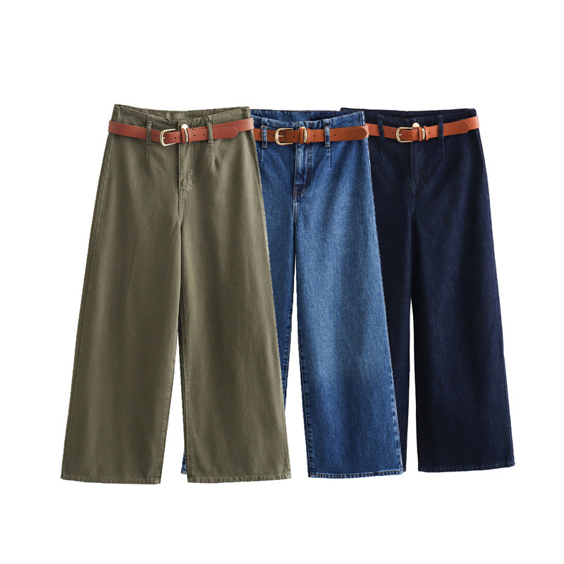 Foreign trade 23 Autumn new women's fashion classic style with belt high waist wide leg ankle jeans 1889171