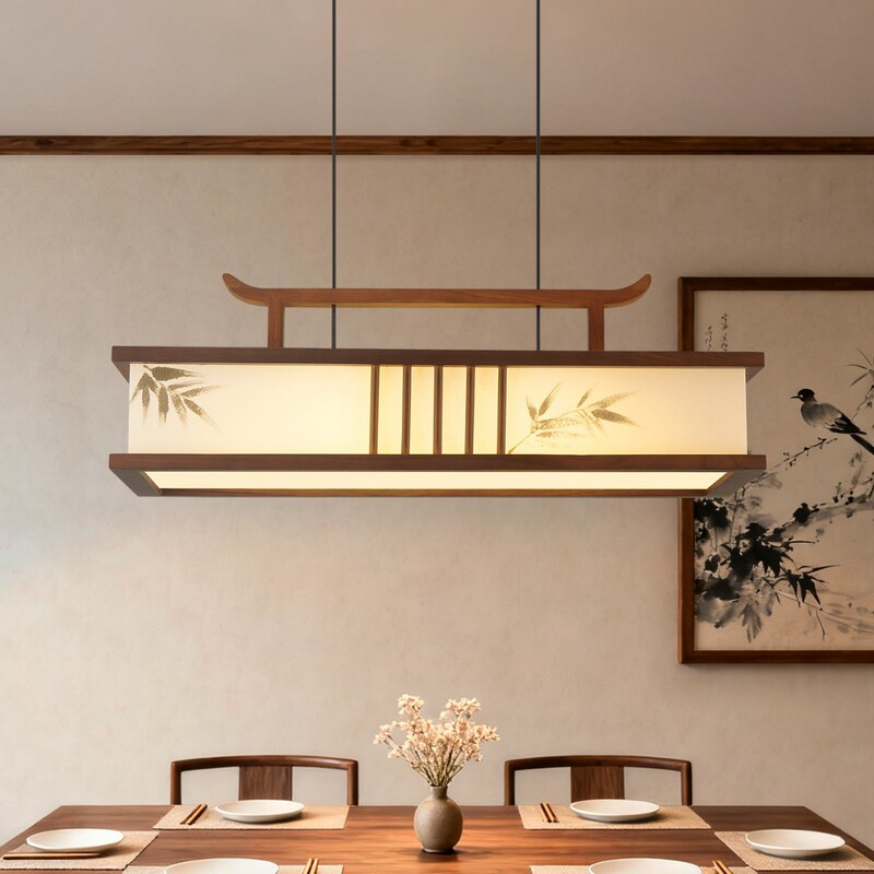Song Dynasty Aesthetic Restaurant Main Chandelier Oriental Aesthetic Solid Wood Fabric Hand-Painted Bamboo Leaf Pattern Tea Room Study Chandelier