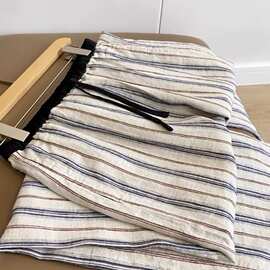 牛货闭眼入~时装款 极简风穿搭亚麻条纹裤子女抽绳松紧腰阔腿长裤