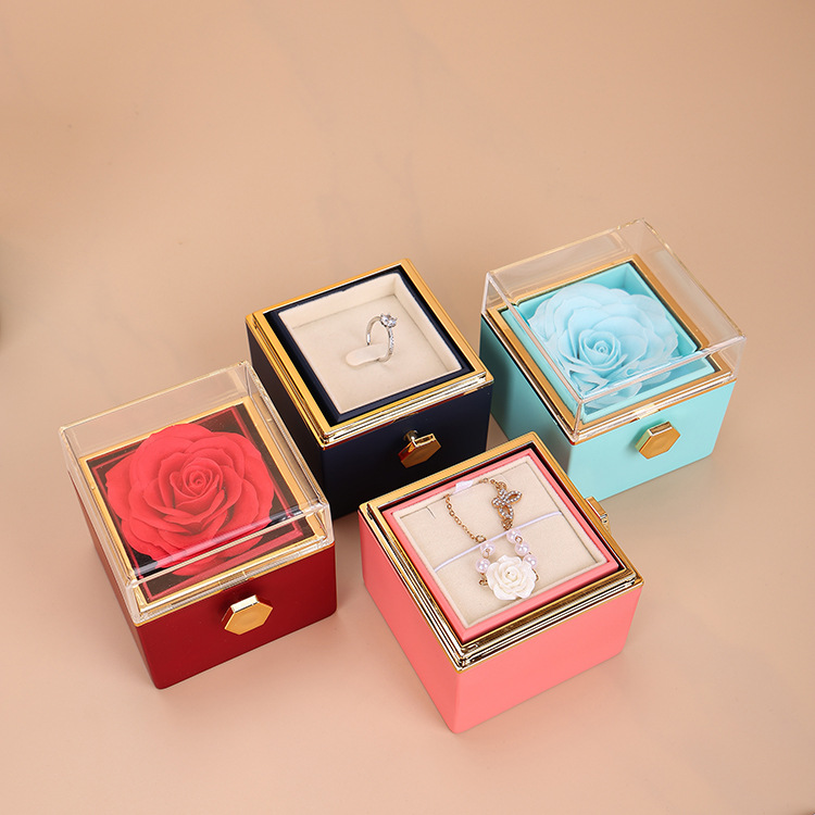 创意旋转香皂玫瑰花首饰包装盒玫瑰可翻转求婚表白戒指盒首饰盒