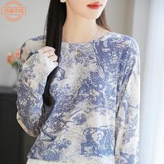 复古风莱赛尔天丝针织长袖t恤女新款晕染印花上衣圆领正肩打底衫