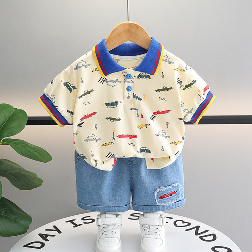 Summer 2024 New Male Children's Set Children's Short Sleeve T-shirt Korean Style Summer Outfit Stylish Set Polo Shirt Trendy