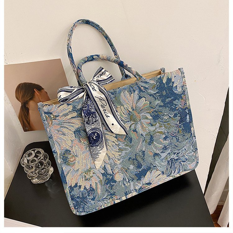Bolso tote transfronterizo para mujer, nuevo bolso de hombro de gran capacidad tejido jacquard con pintura al óleo de jardín de Monet para comercio exterior