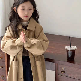 女童风衣女孩春秋新款女童洋气时髦春装英伦风女大童长款大衣外套