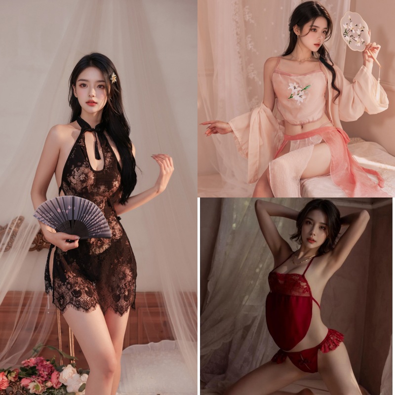 [인기 3종팩] 핑크 한푸 + 시스루 치파오 + 레드 복대