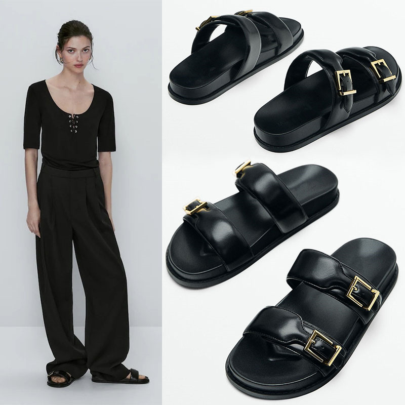 2026 Summer New Style Genuine Leather One-Strap Slippers with Buckle, Thick Sole, Velcro, Open-Toe, Casual and Comfortable Beach Shoes