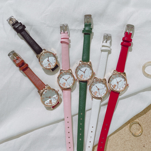 Fashionable New Personalized Cute Cartoon Cat Internet Celebrity Non-Luminous Needle Student Watch for Women with Strap Quartz Wristwatch