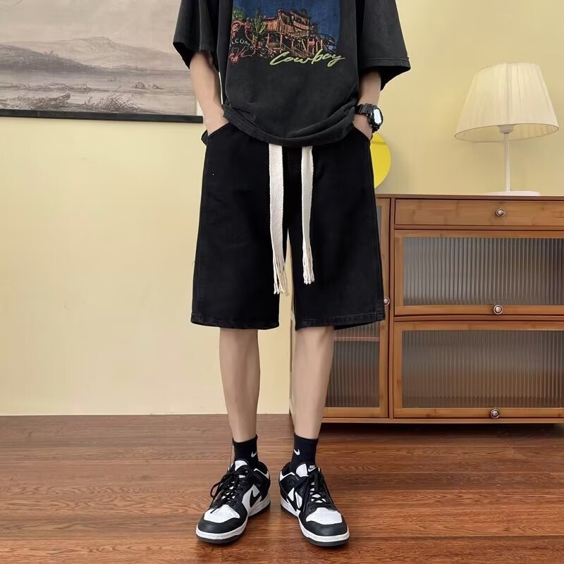 Hong Kong Style Ins Retro Webbing Denim Shorts for Men, Summer Thin Loose Casual Trendy Versatile Five-Point Shorts Wholesale