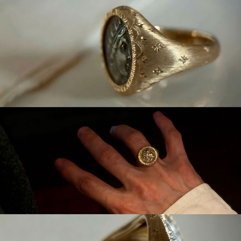 "Ancient Greek God Statue" 18K Gold-Colored Ancient Coin Ring, Hand-Carved, Vintage-Style, Light Luxury, Personalized Jewelry Ring