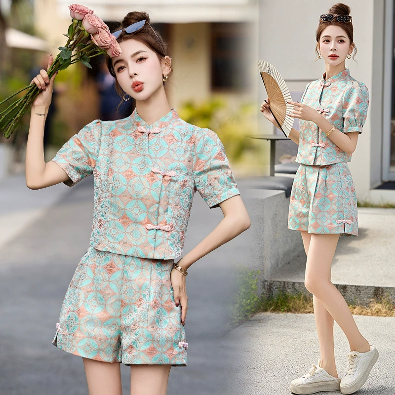 Весна 2025 новый китайский стиль печатный костюм для женщин высококачественный комплект с пышными рукавами и короткими рукавами