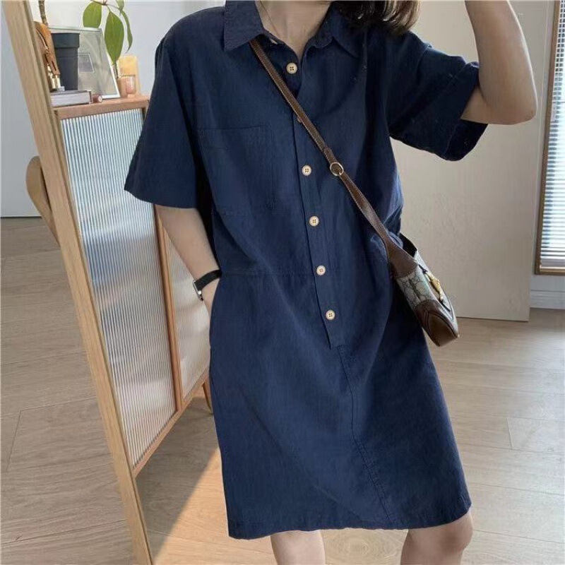 2024 new cotton and linen women's simple temperament commuter casual straight lapel pullover short short sleeve dress women's clothing