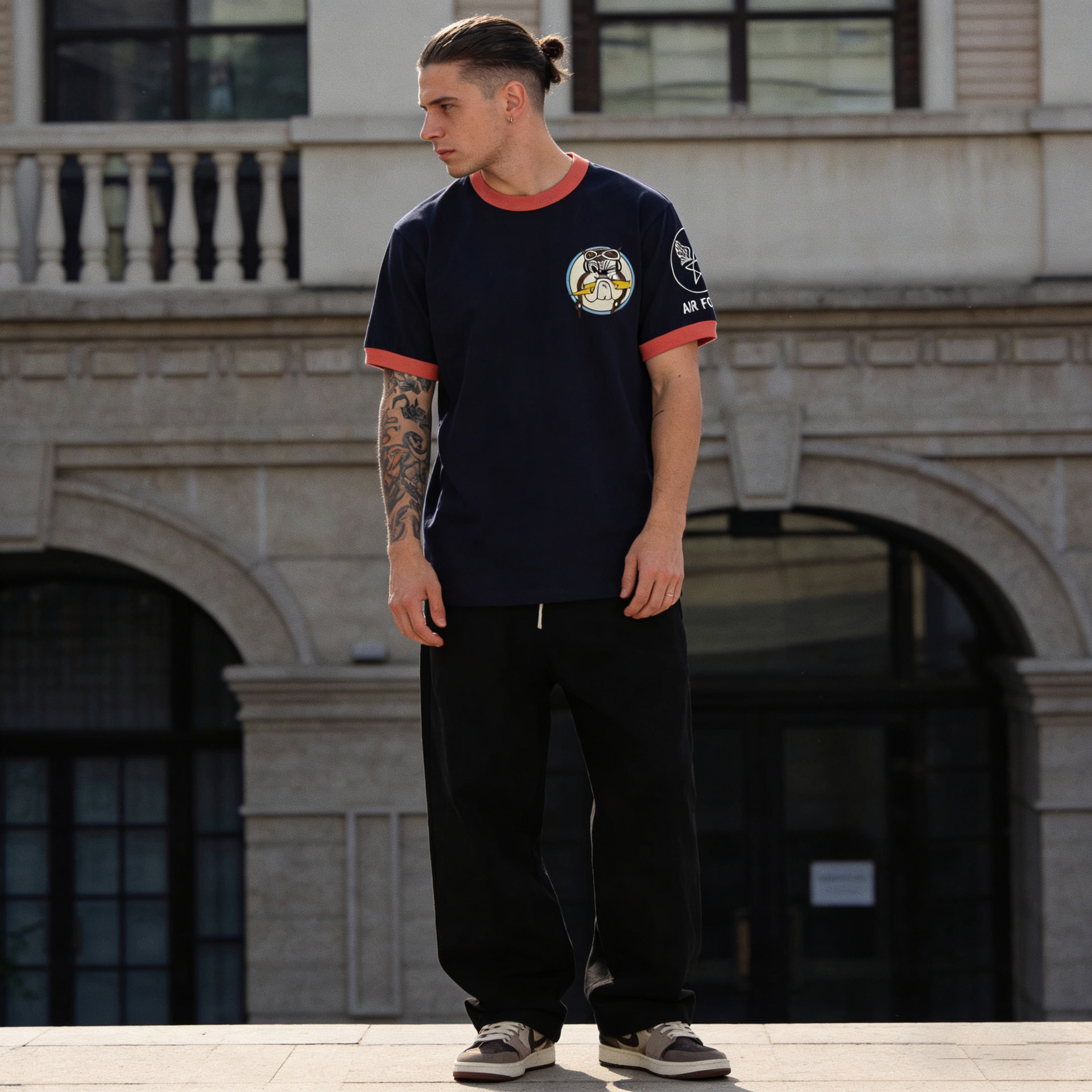 OKONKWO 230G 2021 militar Amica Air Force color a juego de hilo manga corta Camiseta retro sin cuello TEE