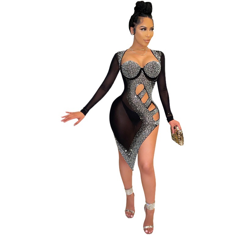 X5207 transfronteriza nueva moda europea y americana ropa de mujer sexy discoteca hueco split malla perspectiva rhinestone vestido
