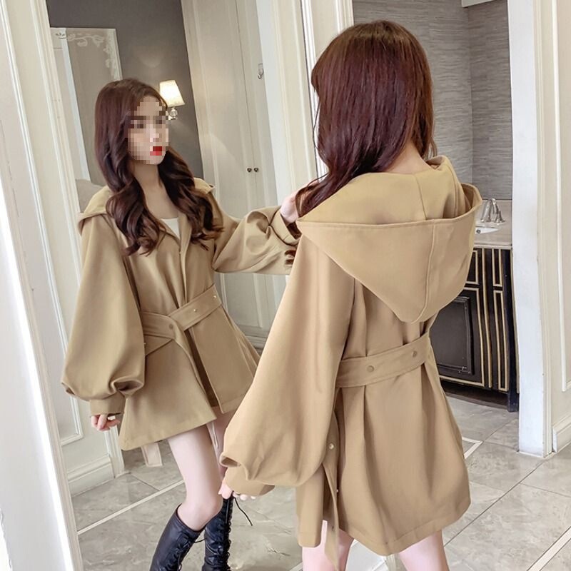 Spring and Autumn New Fashion Versatile Hepburn Style Lantern Sleeve Thin Coat for Petite Women, Mid-Length Trench Coat